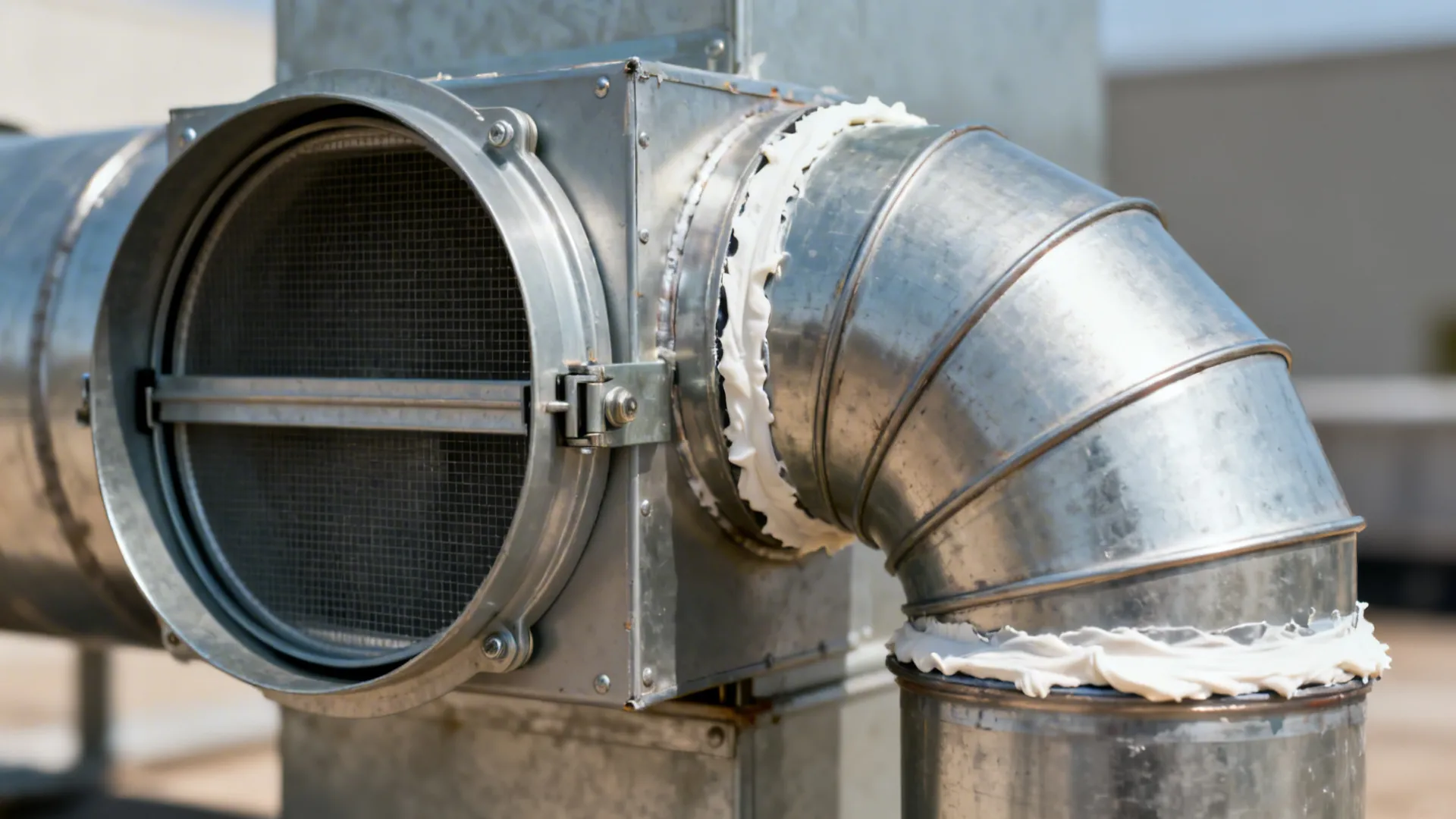 Macro detail of a backdraft damper and long-radius elbow sealed to rigid duct.