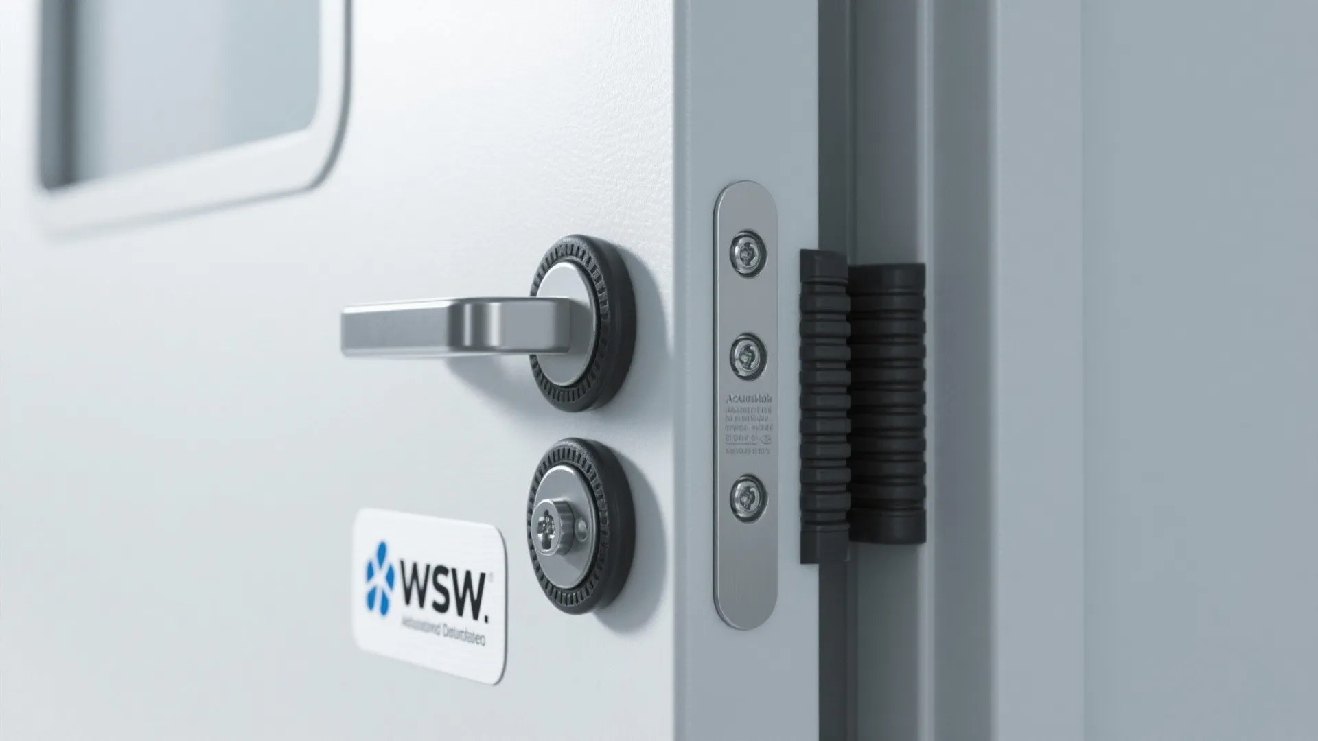 Swing door edge with rubber dampers and antibacterial finish for quieter, hygienic operation.