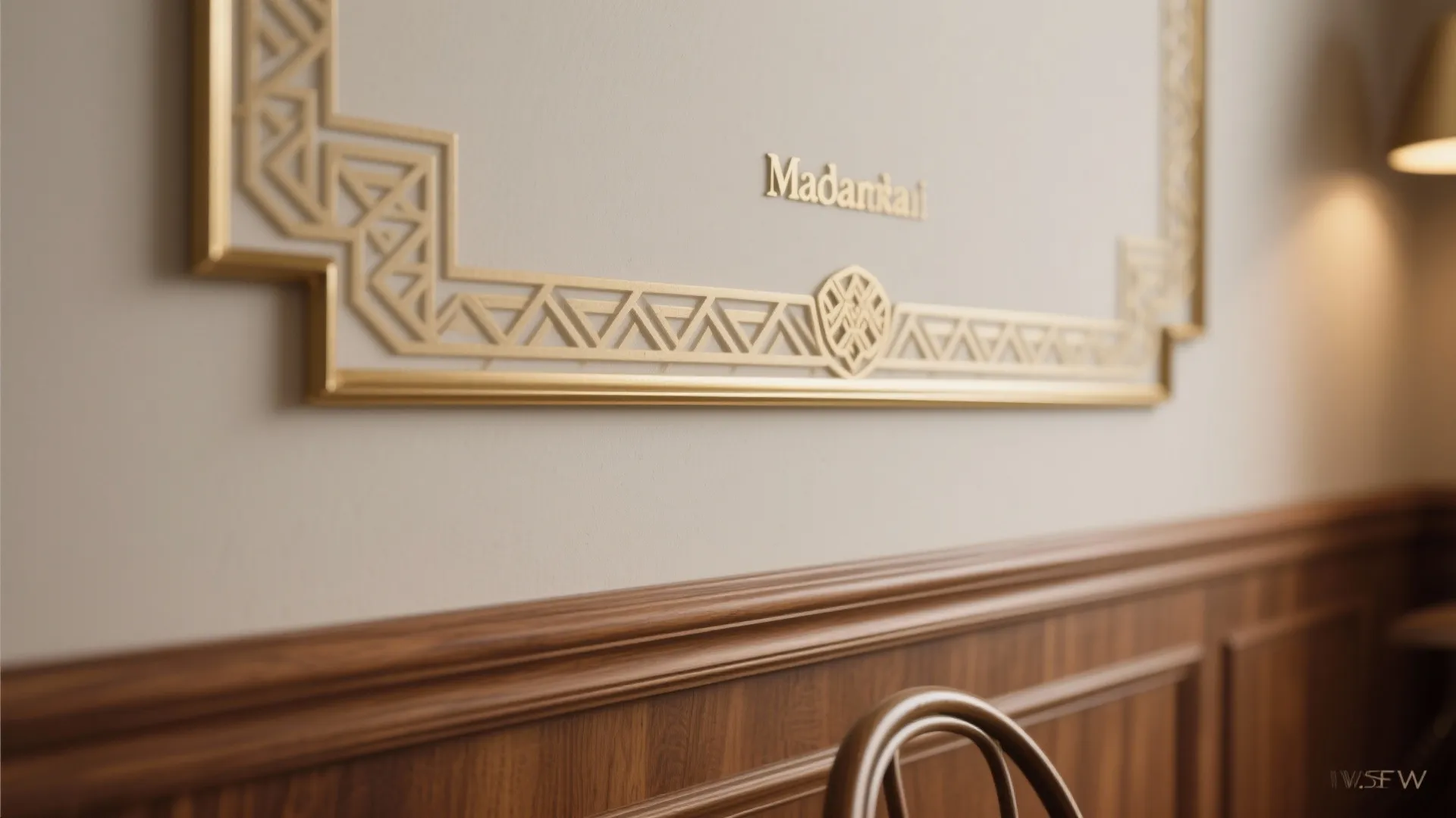 Close up of gold geometric wall decoration above dark wood wall panel in warm room