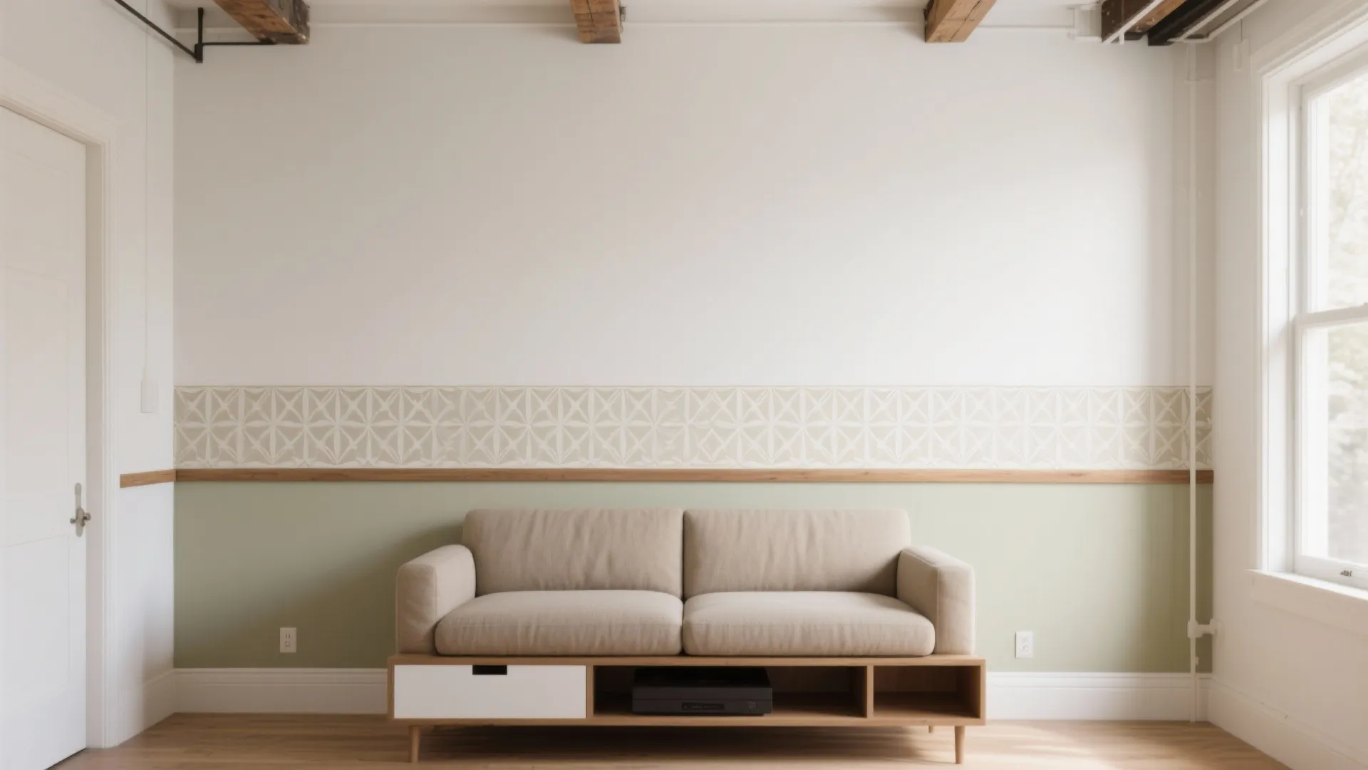 Minimalist living area featuring light green wall panel beige sofa wood floor and large window
