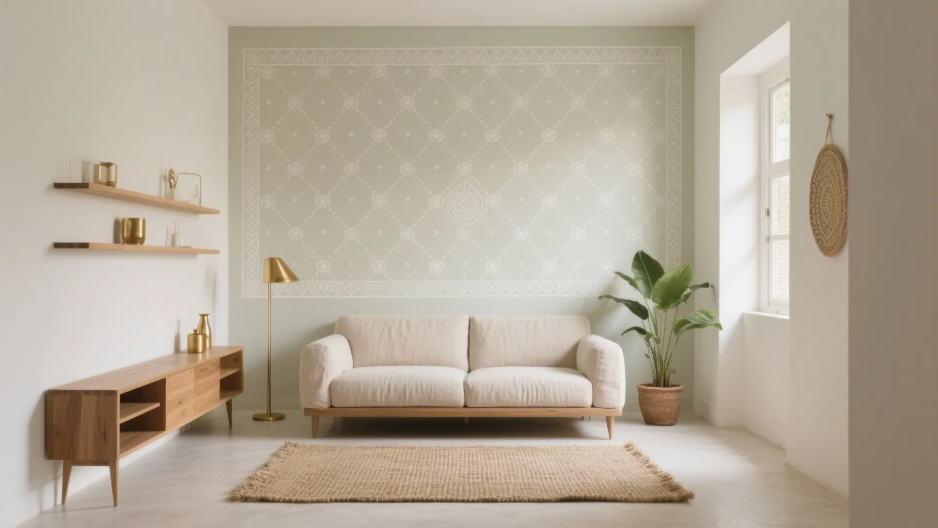 Minimalist living room with beige sofa green patterned wall wooden cabinet floor lamp and plant