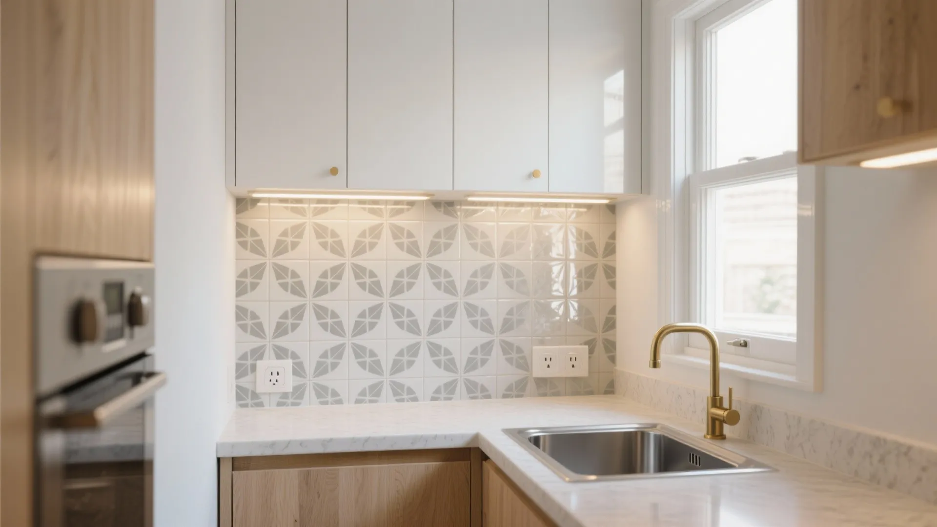 Modern kitchen corner with white cabinets patterned tiles marble countertop gold faucet and stainless sink