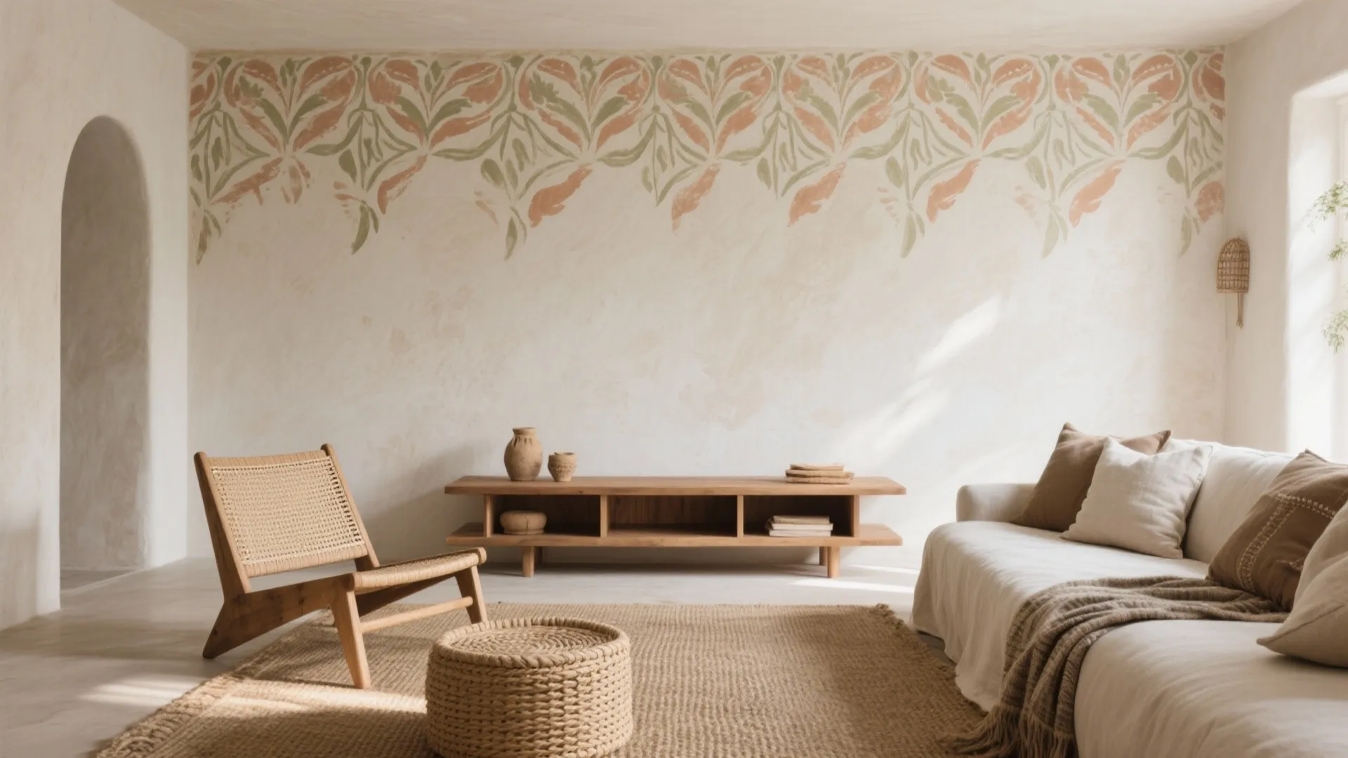Bohemian living room with floral wall pattern wooden cabinet woven chair white sofa and rug
