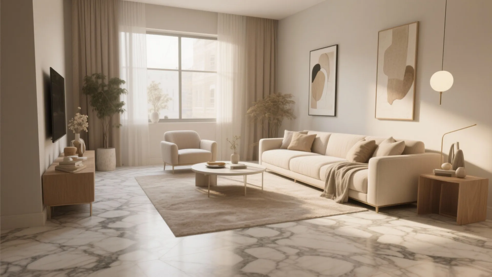 Bright living room with cream sofa marble floor tan rug coffee table armchair and light
