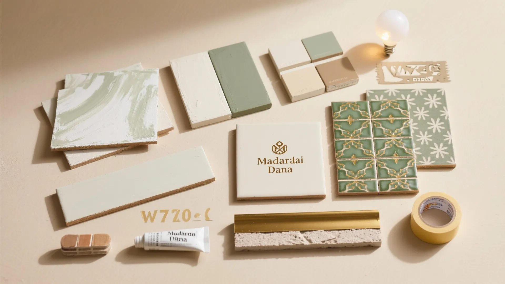 Interior design mood board with green tiles wood samples color swatches a light and tape