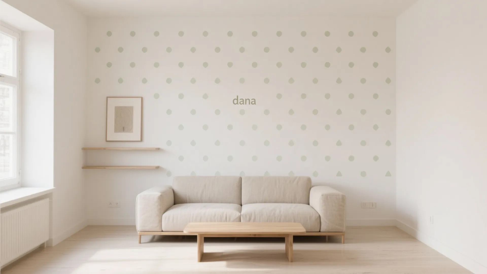 Minimalist living room with beige sofa wooden coffee table green polka dot wall and shelves