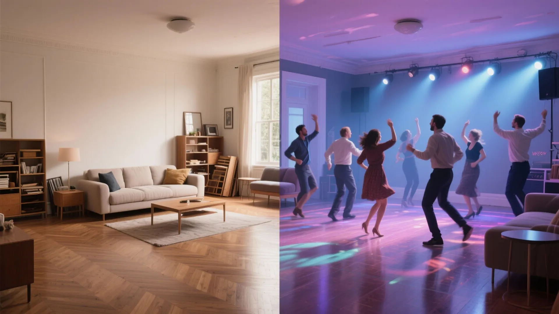 Before and after living room becomes dance floor