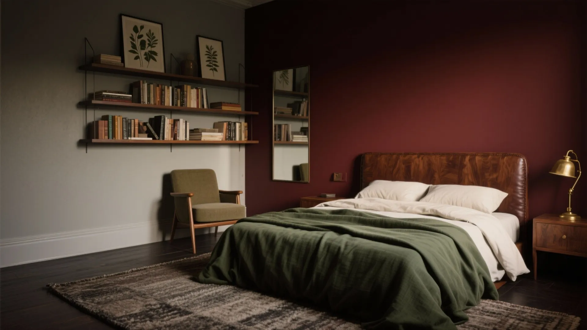 Cozy bedroom with red wall, wooden bed, green chair, bookshelves, and golden desk light fixture