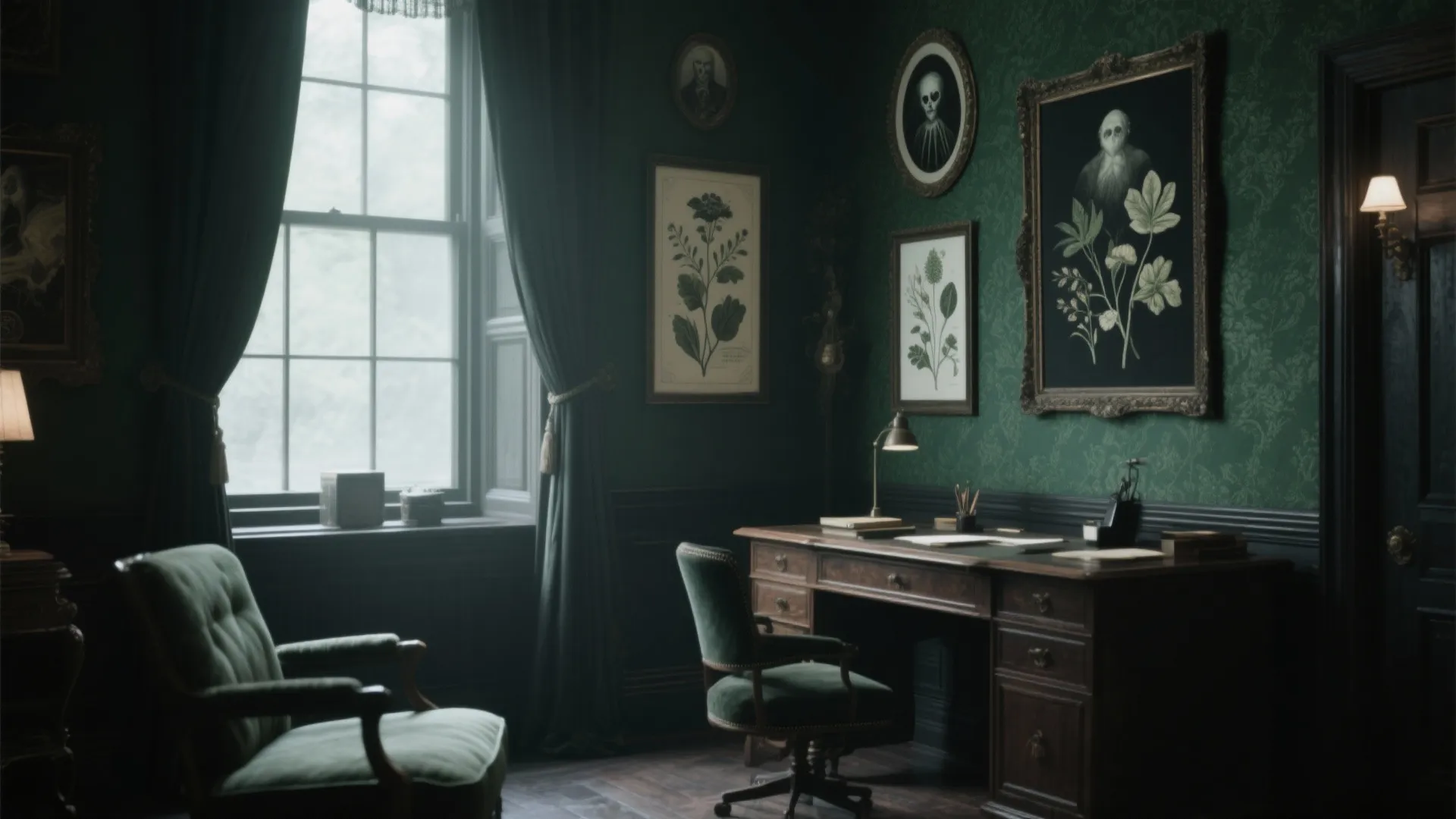 Dark green home office with wooden desk green velvet chair framed wall art and large window
