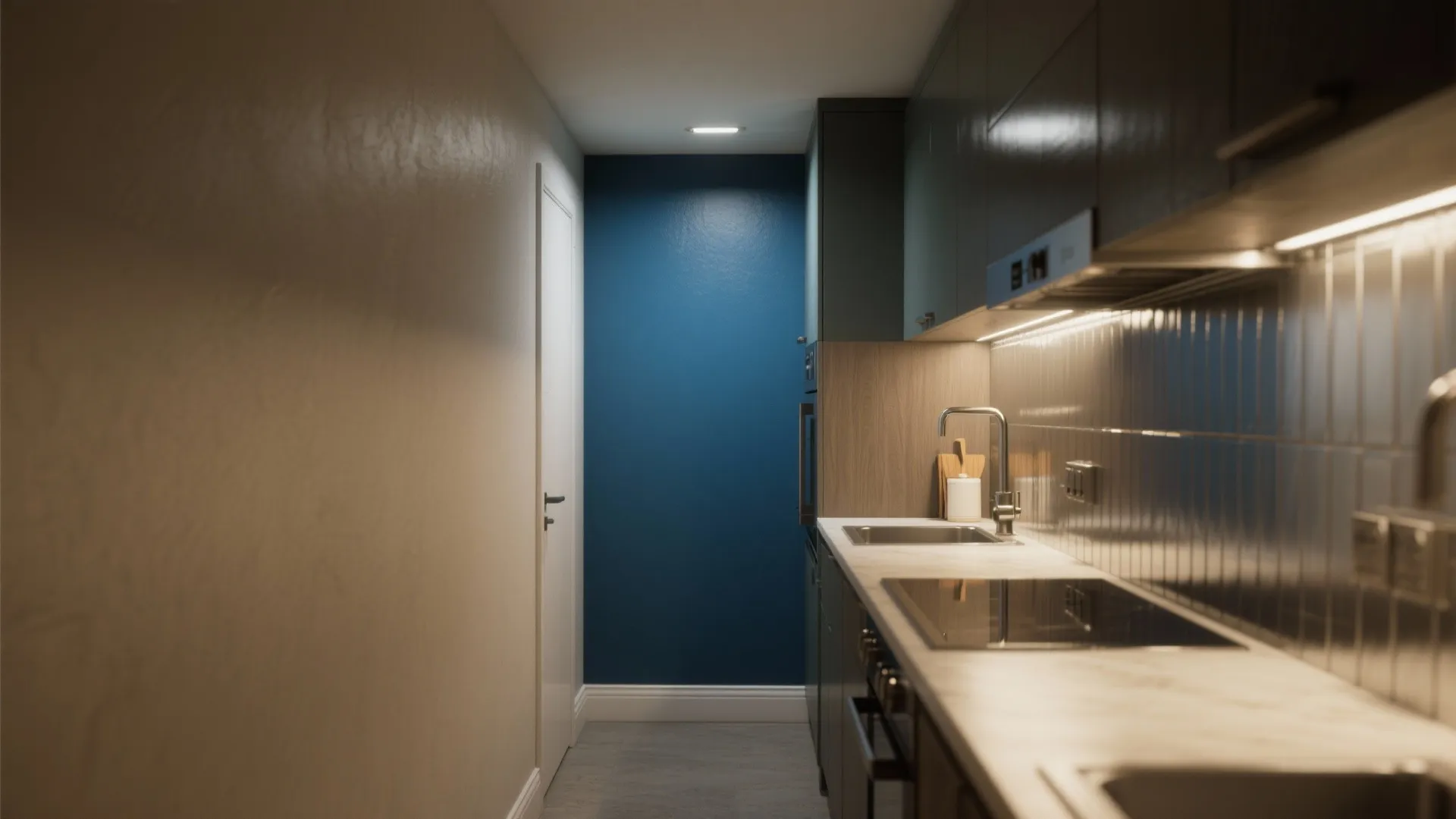 Modern kitchen layout with blue accent wall grey cabinets white countertop and warm ceiling light