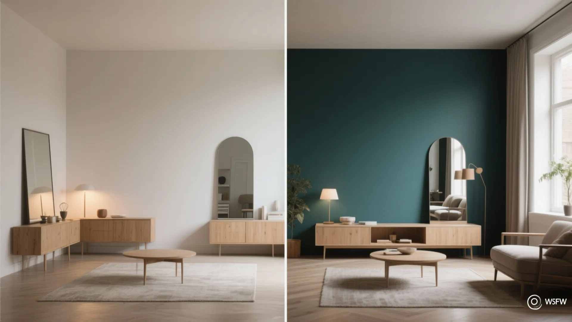 Before-and-after view showing how a single deep teal accent wall creates depth and brightens the rest by contrast.
