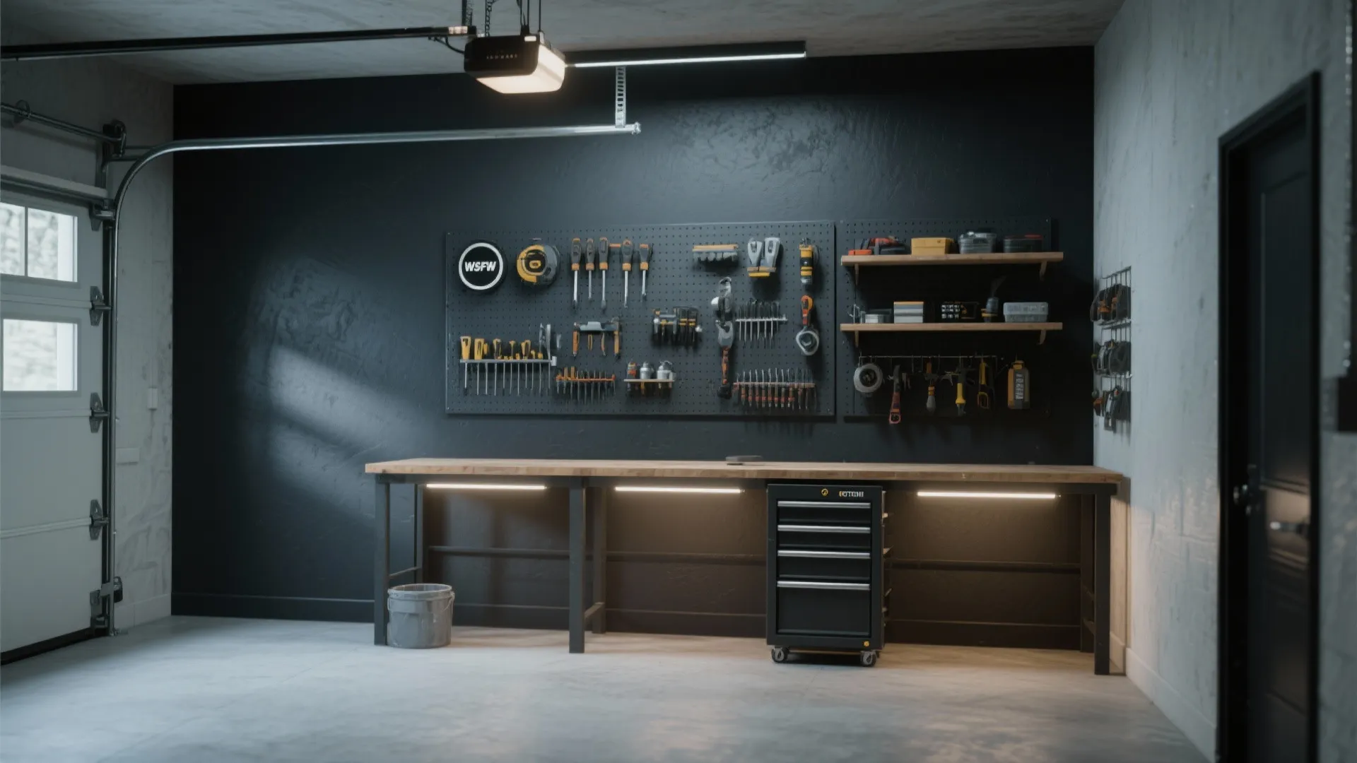 Garage workshop with dark accent wall long wooden workbench pegboard tools and black tool cabinet