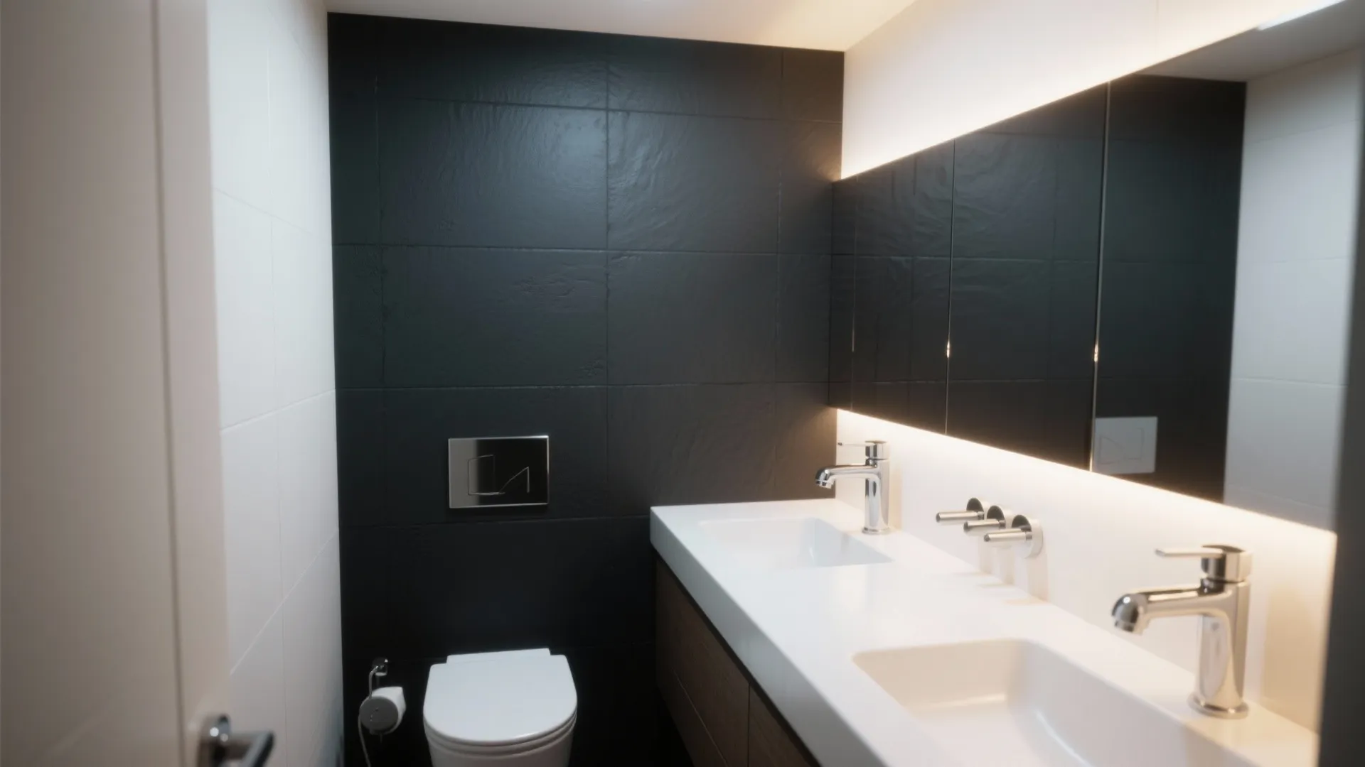 5. Dark moody accent wall with bright fixtures