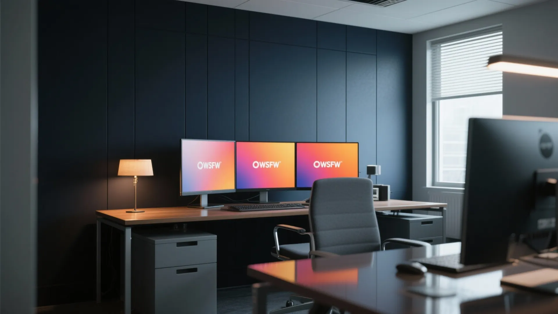 Home office with deep navy or charcoal accent wall behind the desk, warm lamp and balanced daylight for contrast.
