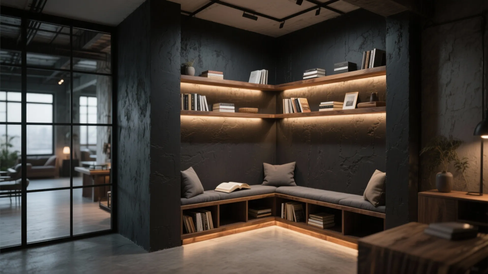 Modern reading nook with black textured walls wooden shelves warm light grey bench and books