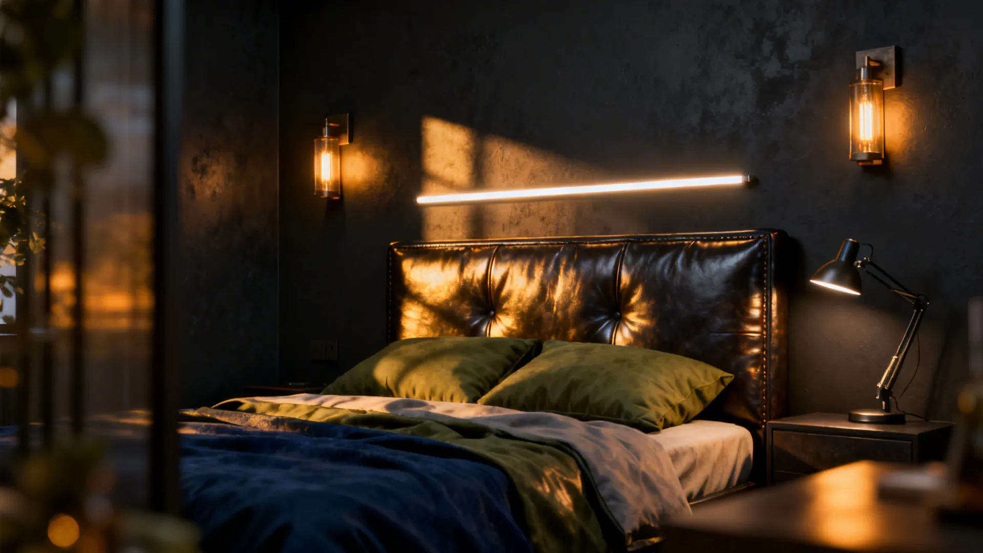 Small bedroom with a charcoal accent wall and layered warm lighting for depth