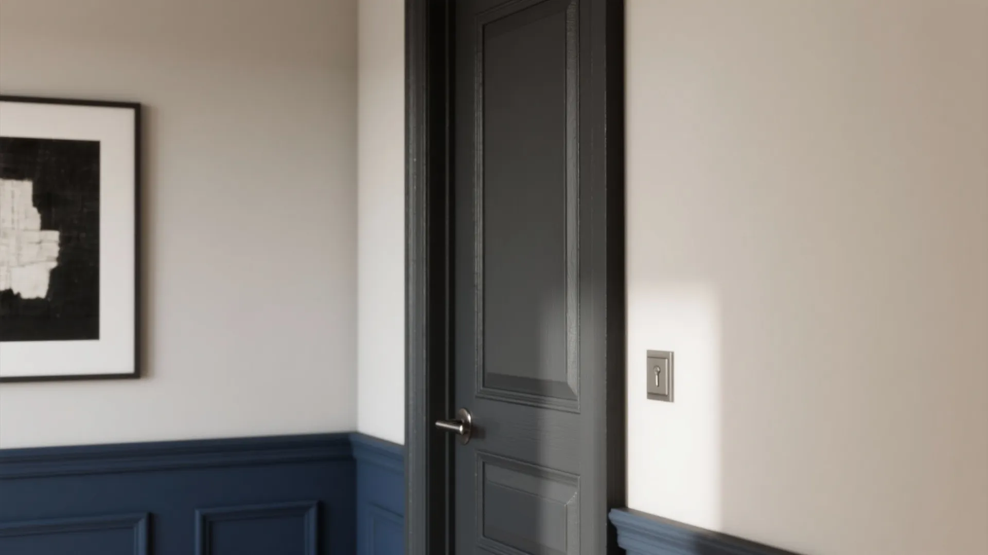 Dark grey door with silver handle next to white wall and blue lower wall panel design