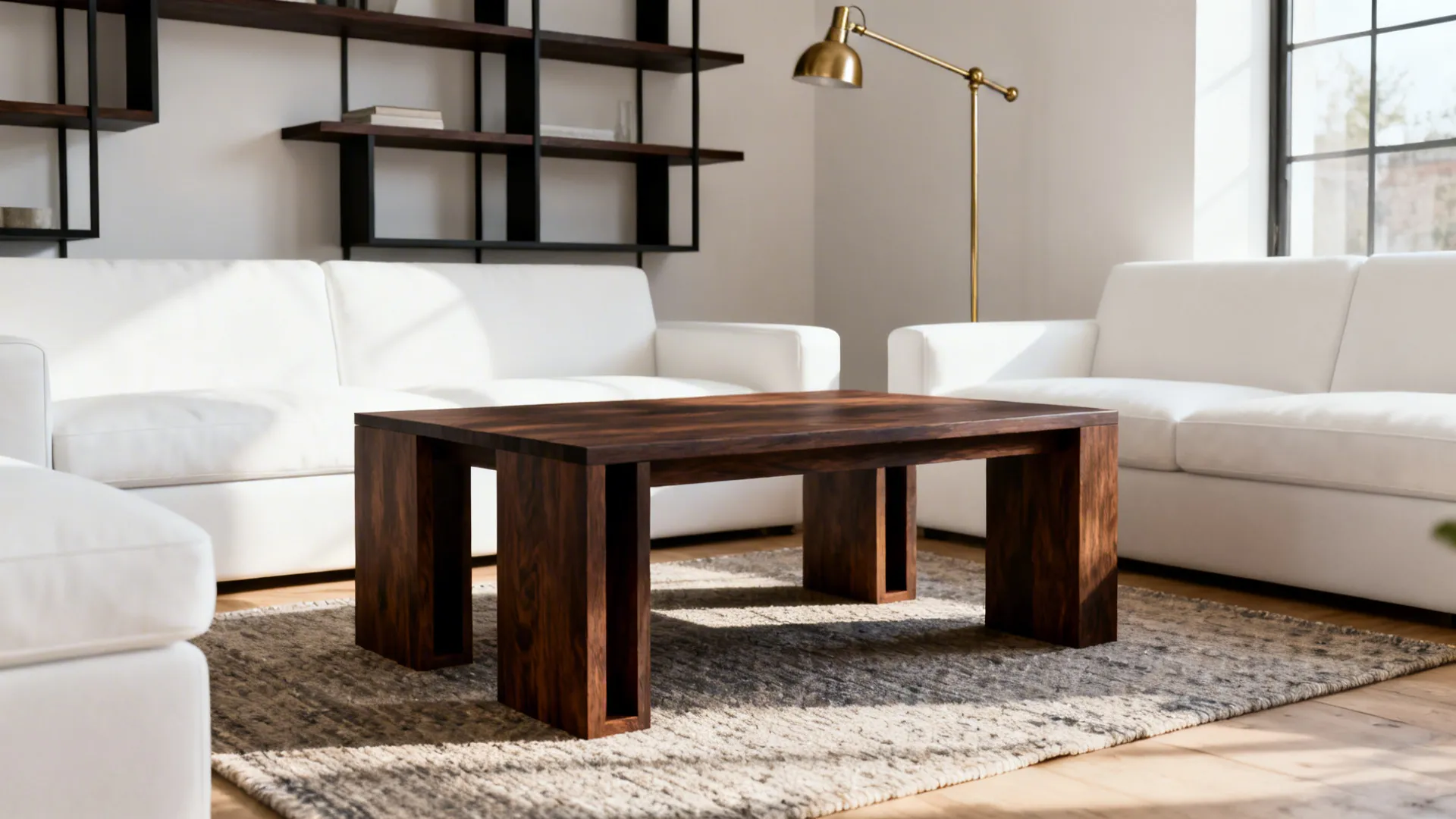 Modern living room with dark wood coffee table, white sofas, grey rug, and black wall shelves