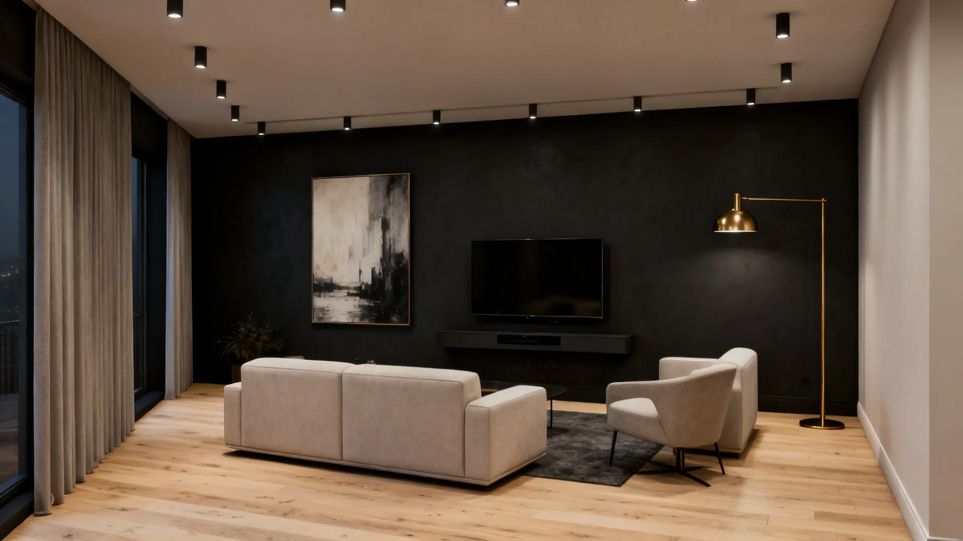 Living room with a charcoal feature wall, TV and artwork forming a clear focal point.