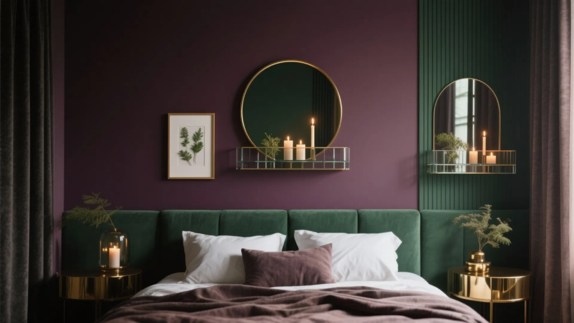 Dark purple and green bedroom wall with gold mirrors lit candles green headboard and side tables