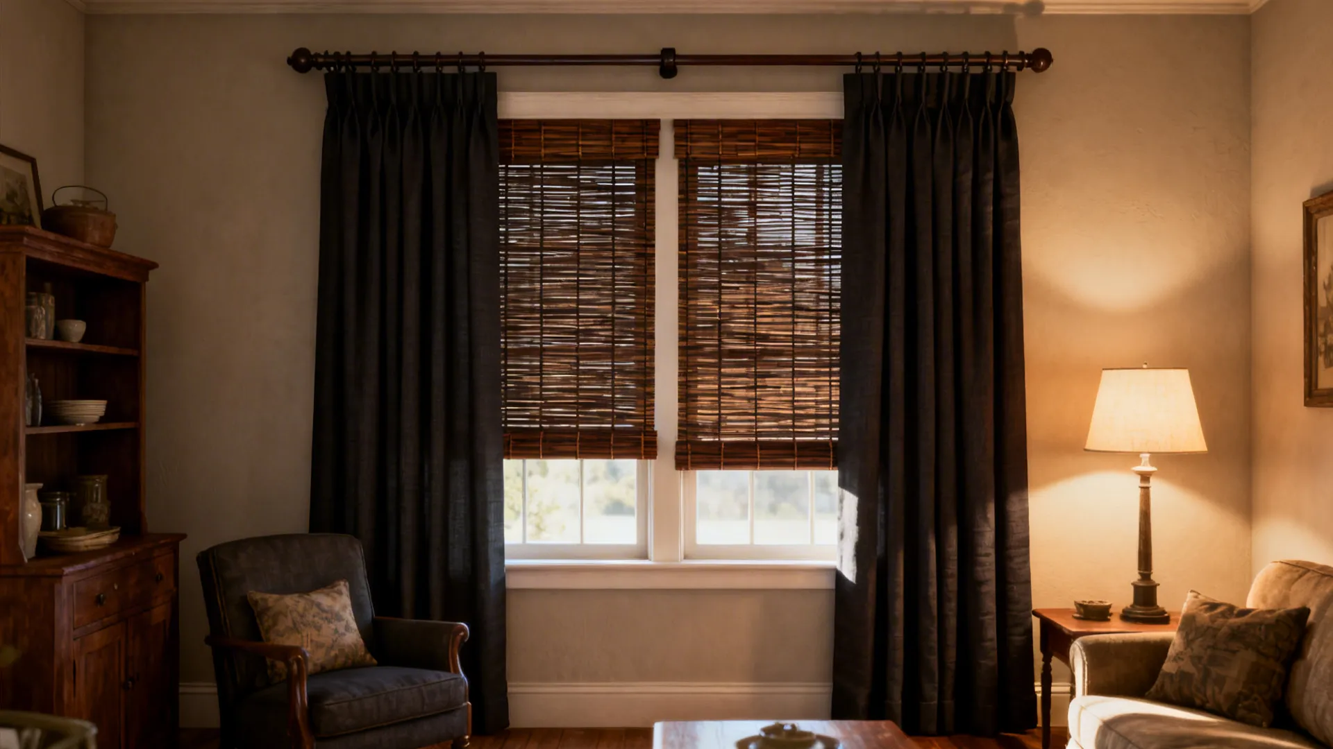 Dark living room with black curtains brown bamboo blinds floor lamp and comfortable grey armchair