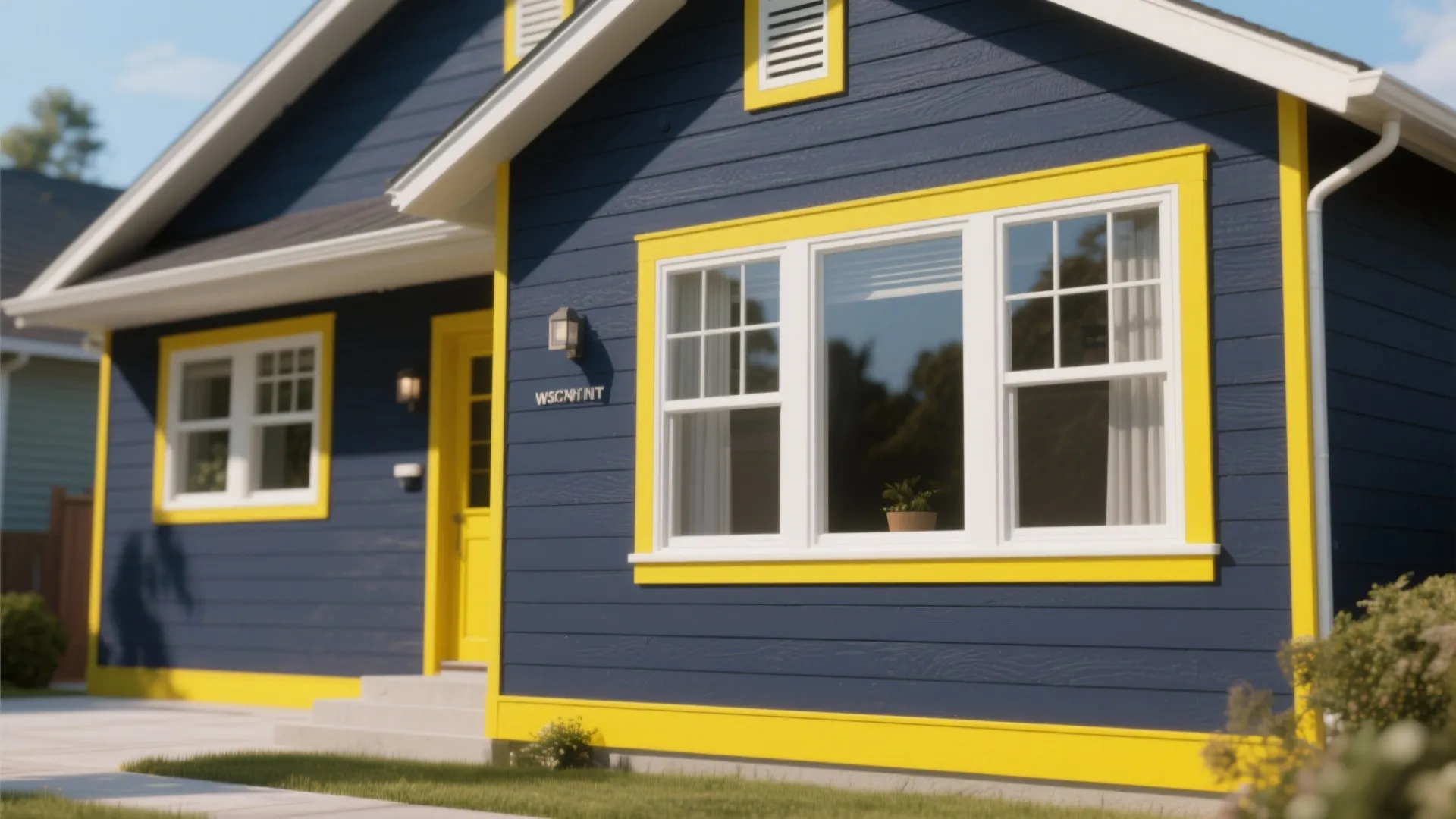 House with deep navy body and bright yellow trim showing strong curb appeal and texture.