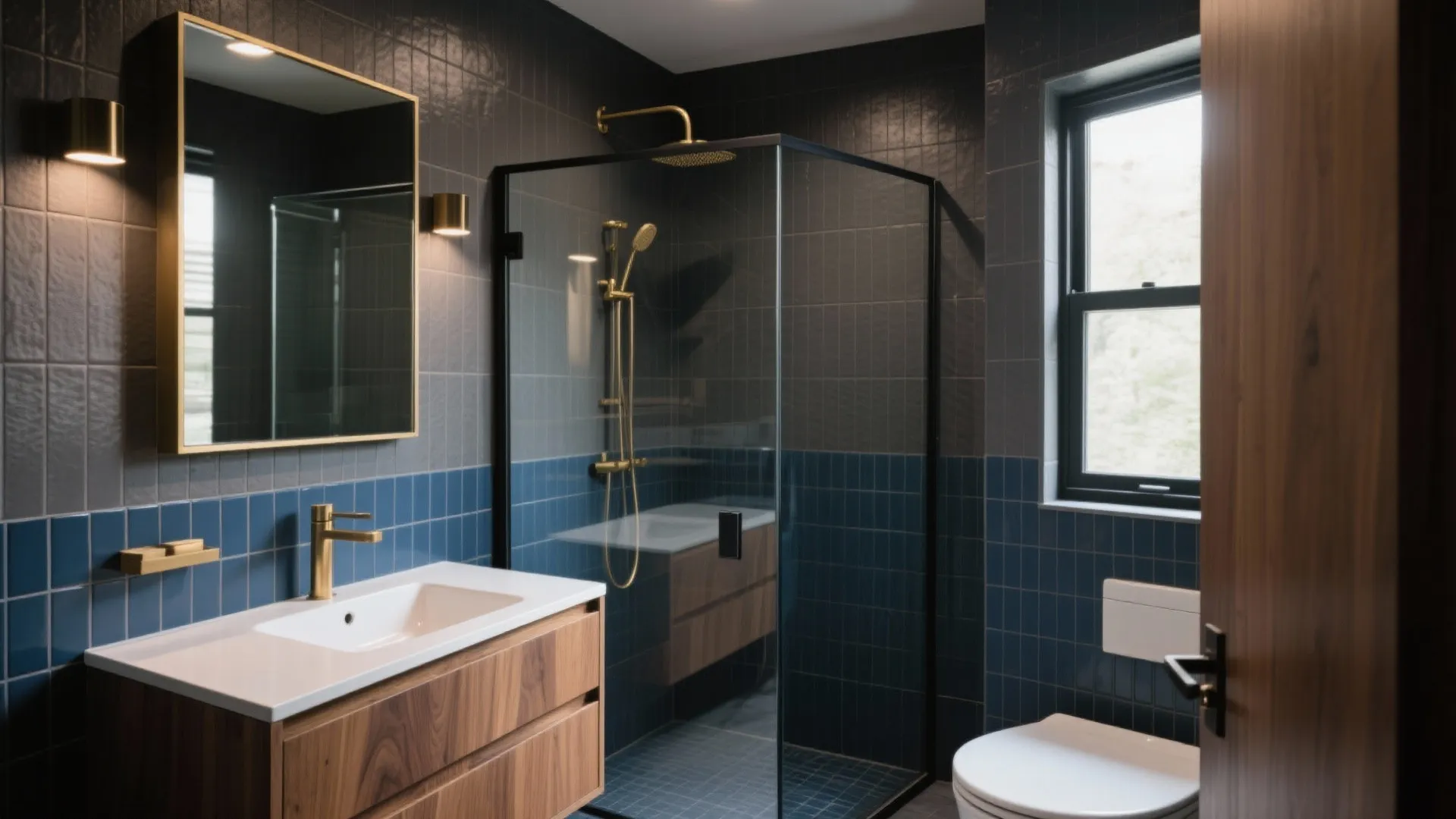 Blue and grey tiled bathroom with wooden cabinet gold faucet glass shower and black framed window