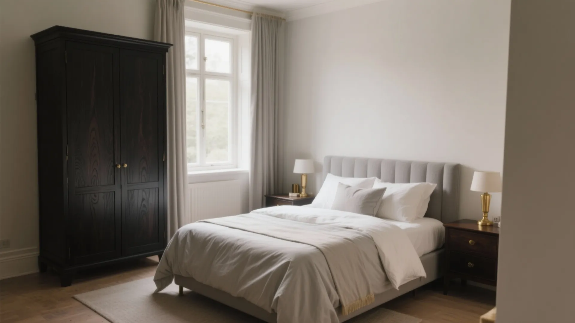 Bedroom with dark wood wardrobe, grey fabric bed, large windows with curtains, and gold lamps
