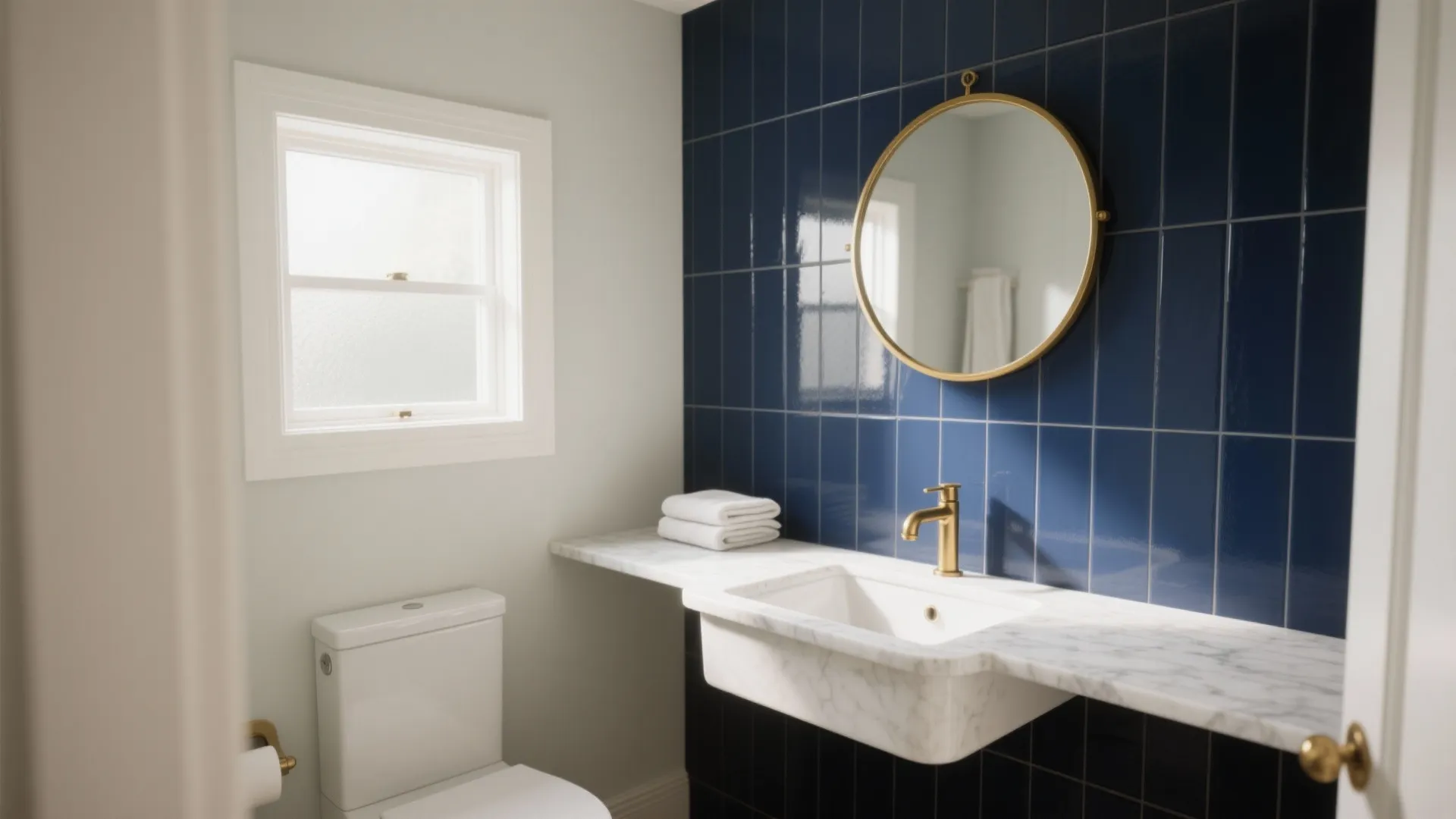 Modern bathroom featuring blue tiled wall round gold mirror white sink and marble vanity counter top