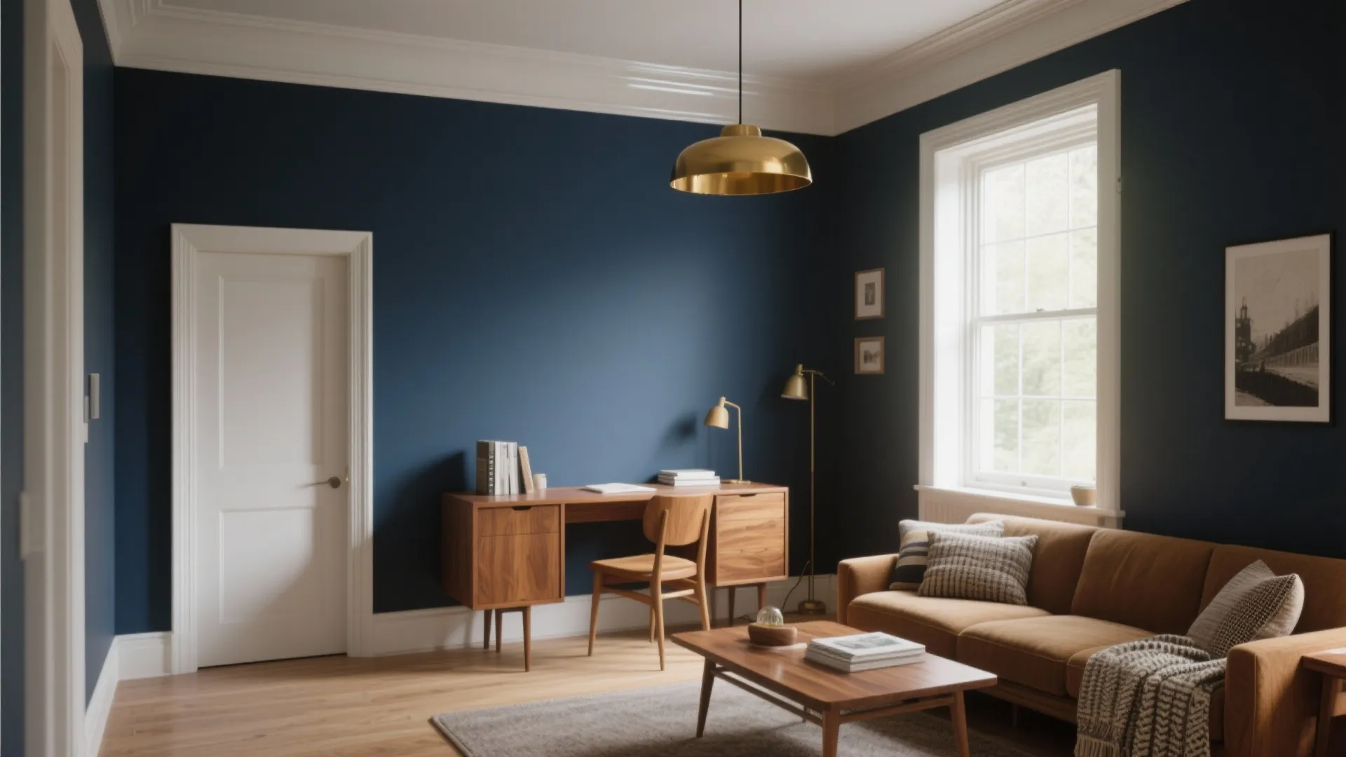 Modern home office with blue walls, wooden desk, brown sofa, gold light fixture, and window