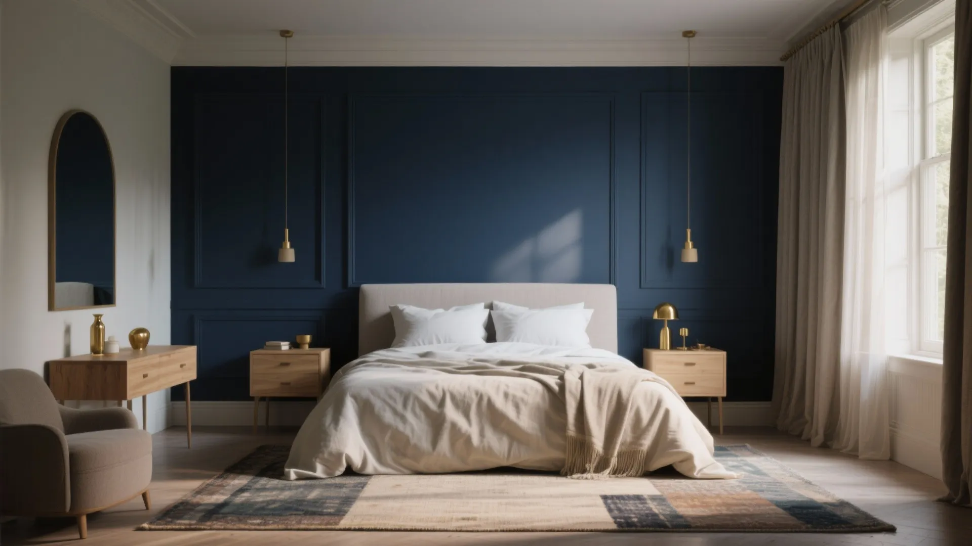 Modern bedroom with dark blue wall panel, beige bed, wooden side tables, and light fixtures
