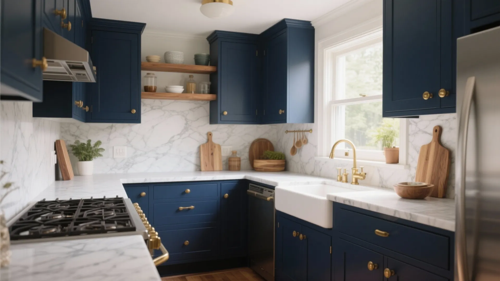 Modern kitchen with blue cabinets marble countertop white sink gold faucet and wooden open wall shelves