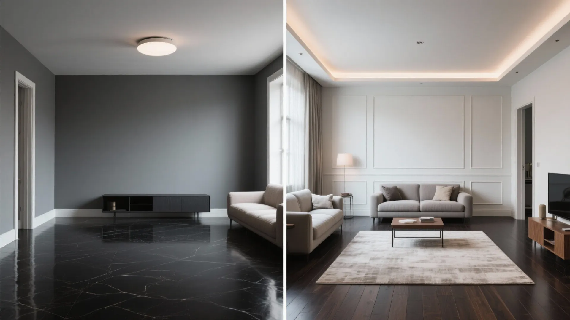 Before and after comparison of living room with black marble floor versus warm wood flooring