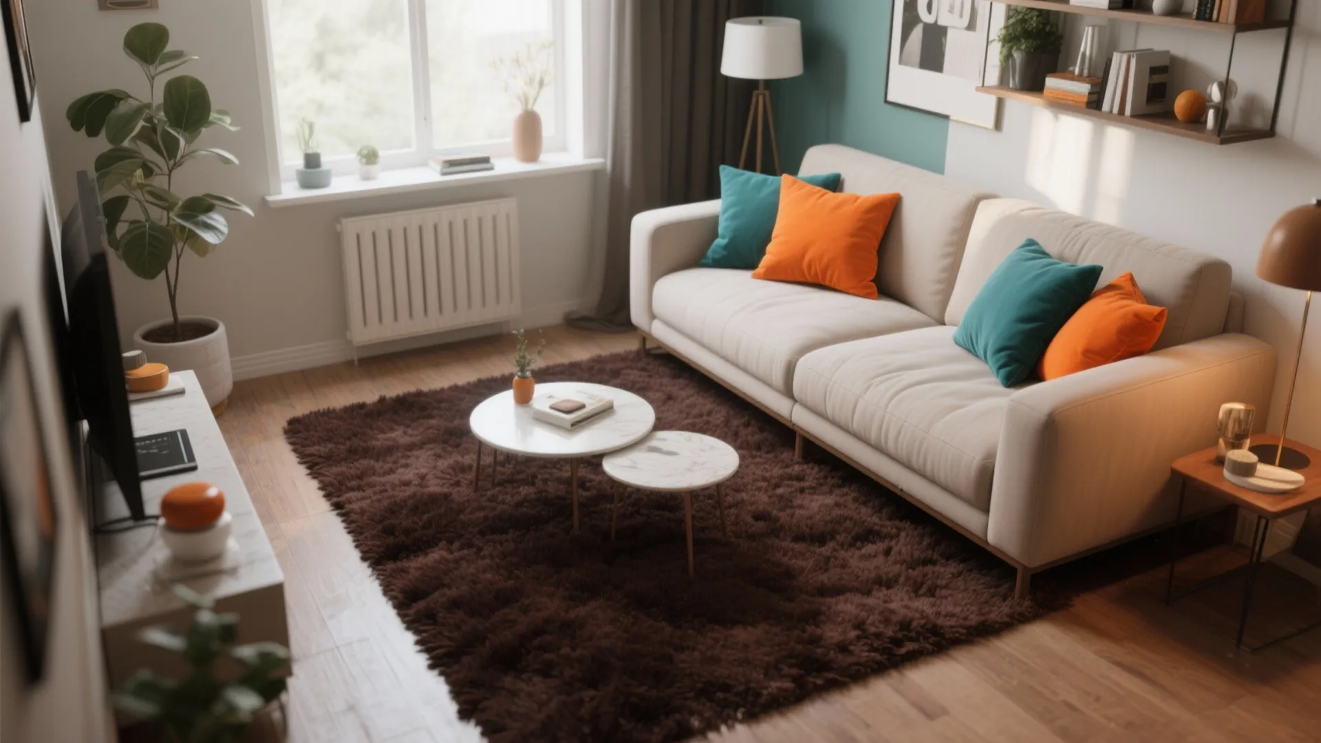 Dark brown carpet with orange and teal accents