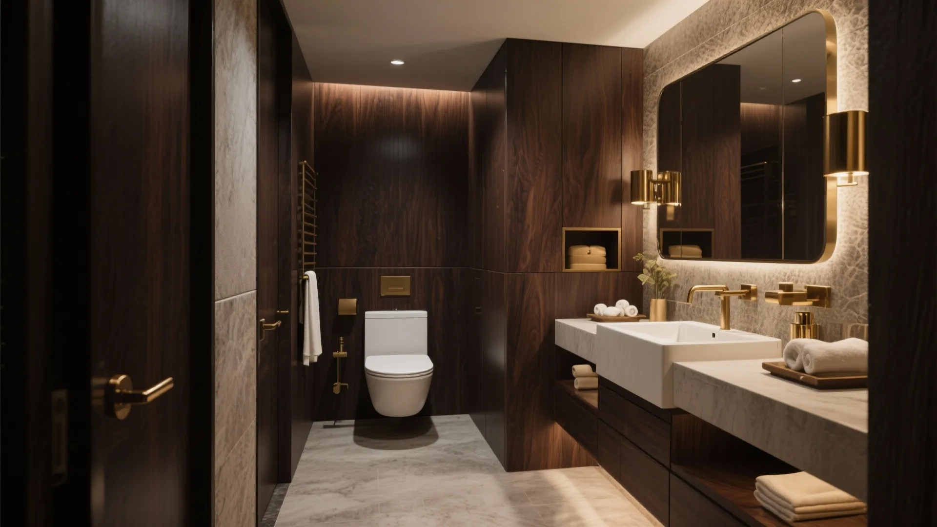 Modern bathroom with dark wood wall panels gold light fixtures white toilet and marble floor