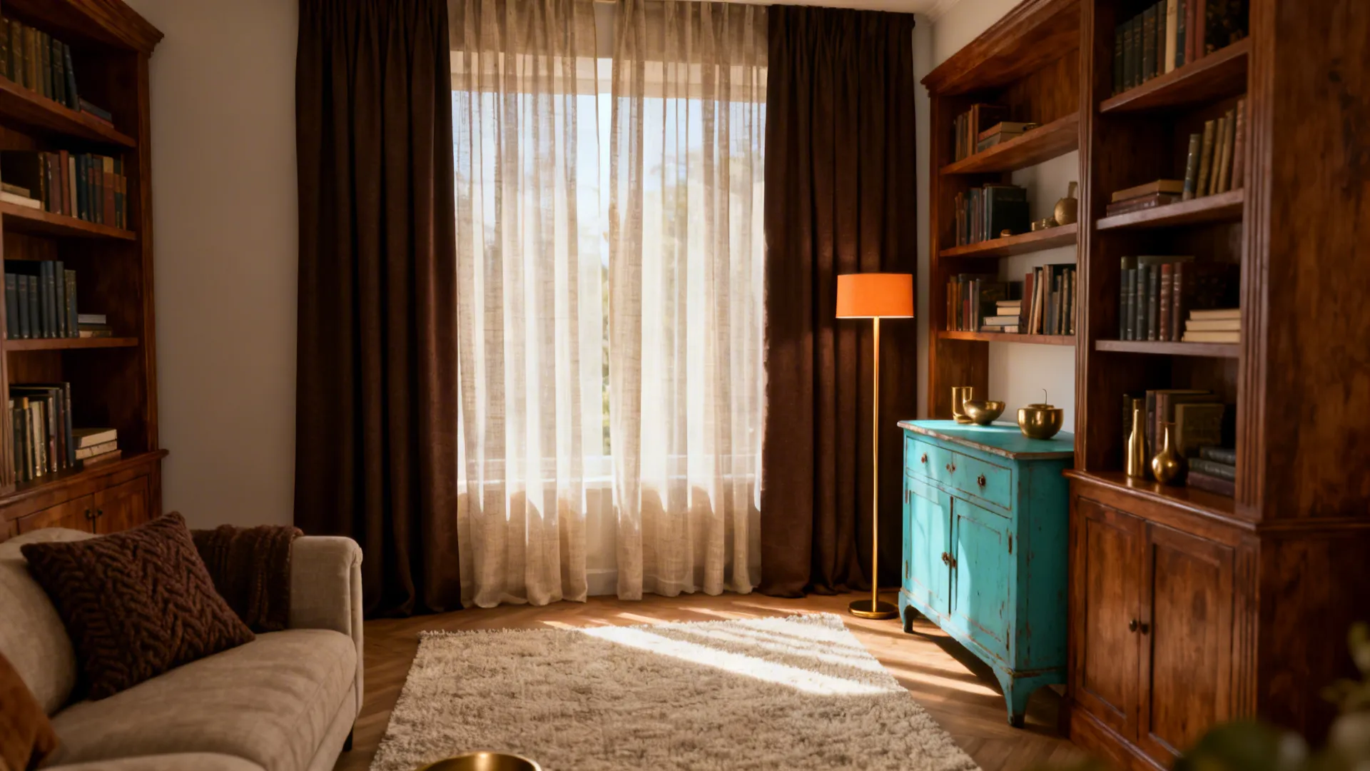 Cozy living room with dark brown curtains, wooden bookshelves, blue cabinet, floor lamp, and rug