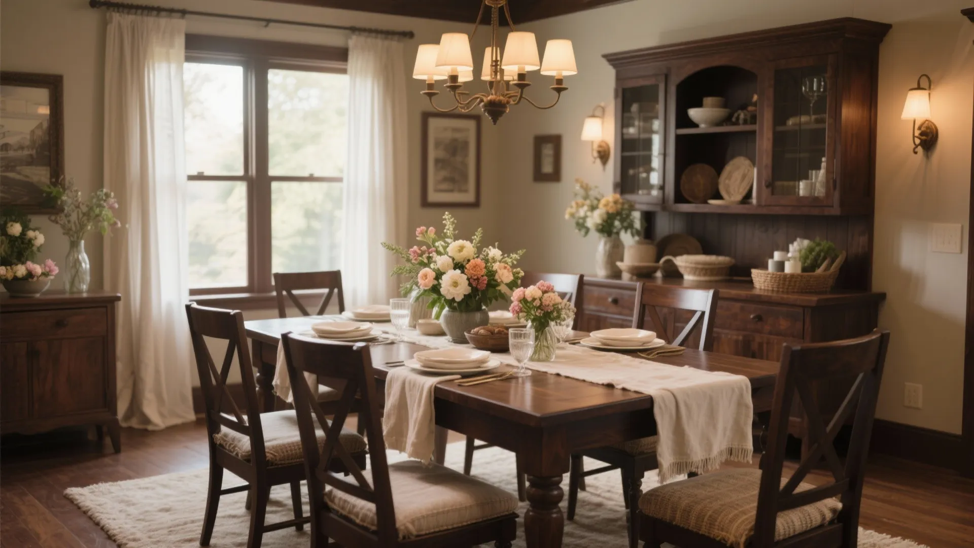 Traditional dining area with wooden table flowers ceiling light large cabinet and white window curtains