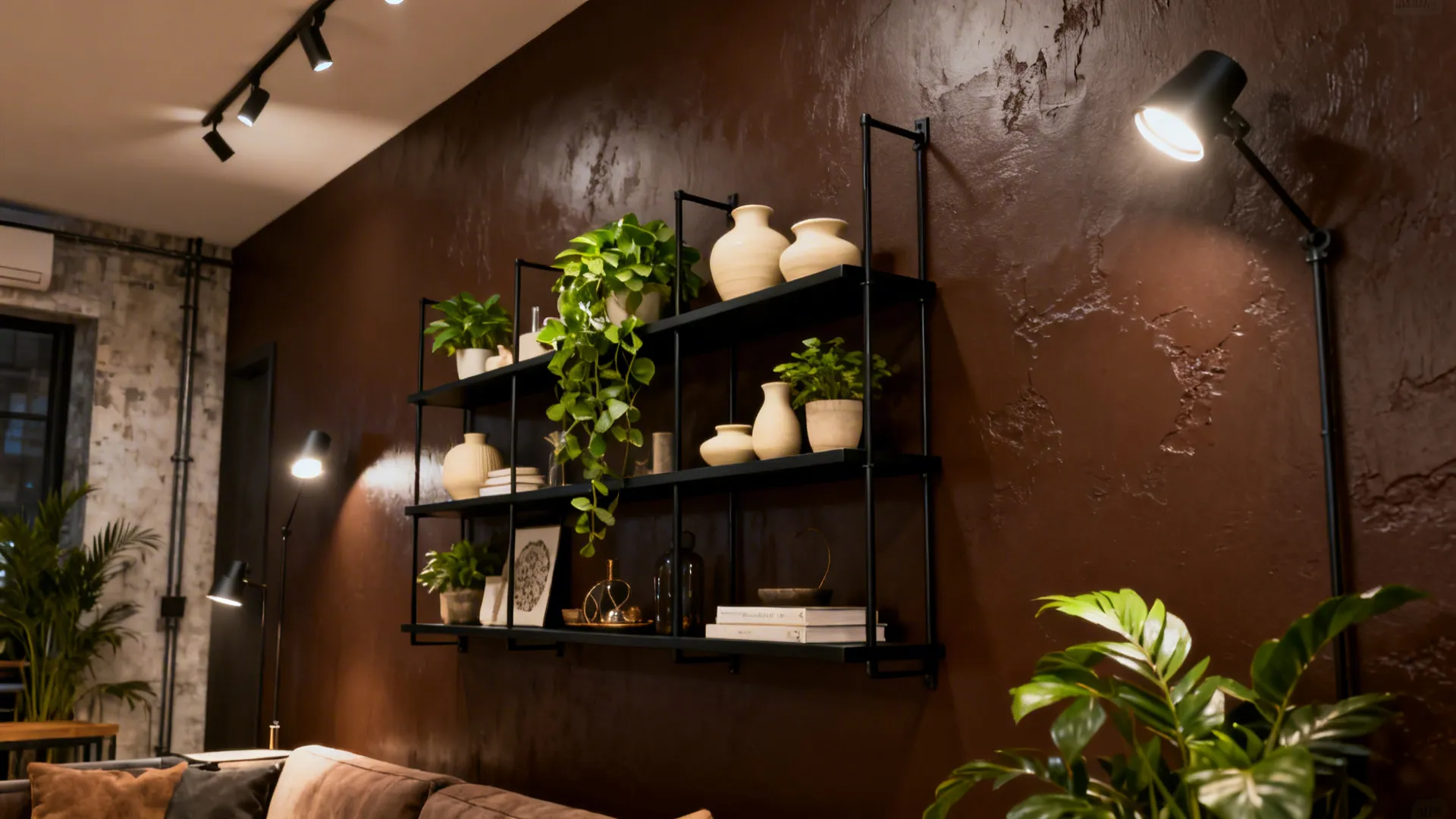 Deep chocolate feature wall with black metal shelving displaying cream ceramics and plants.