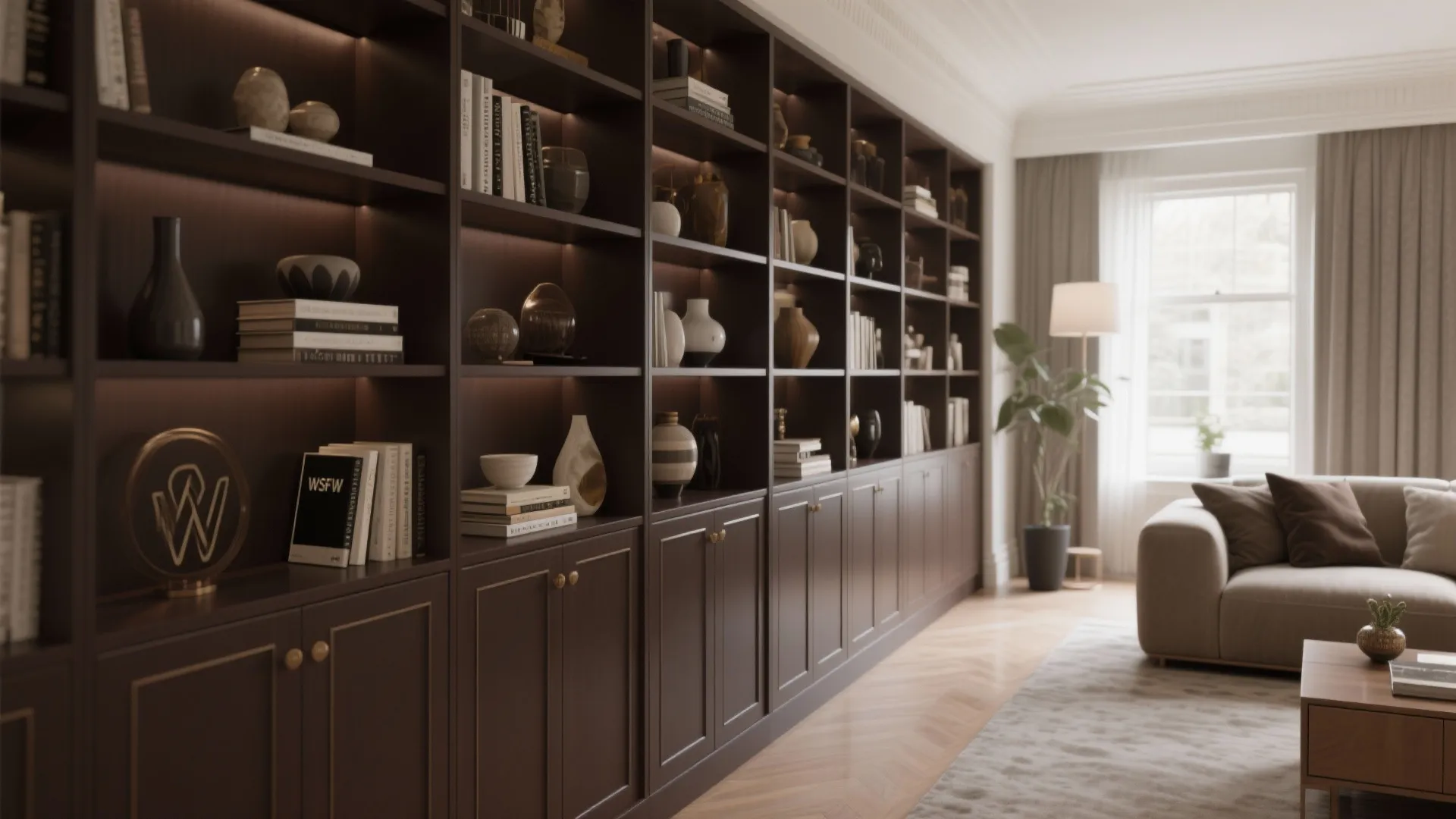 Large dark brown wall cabinet filled with books and vases in a bright modern living room