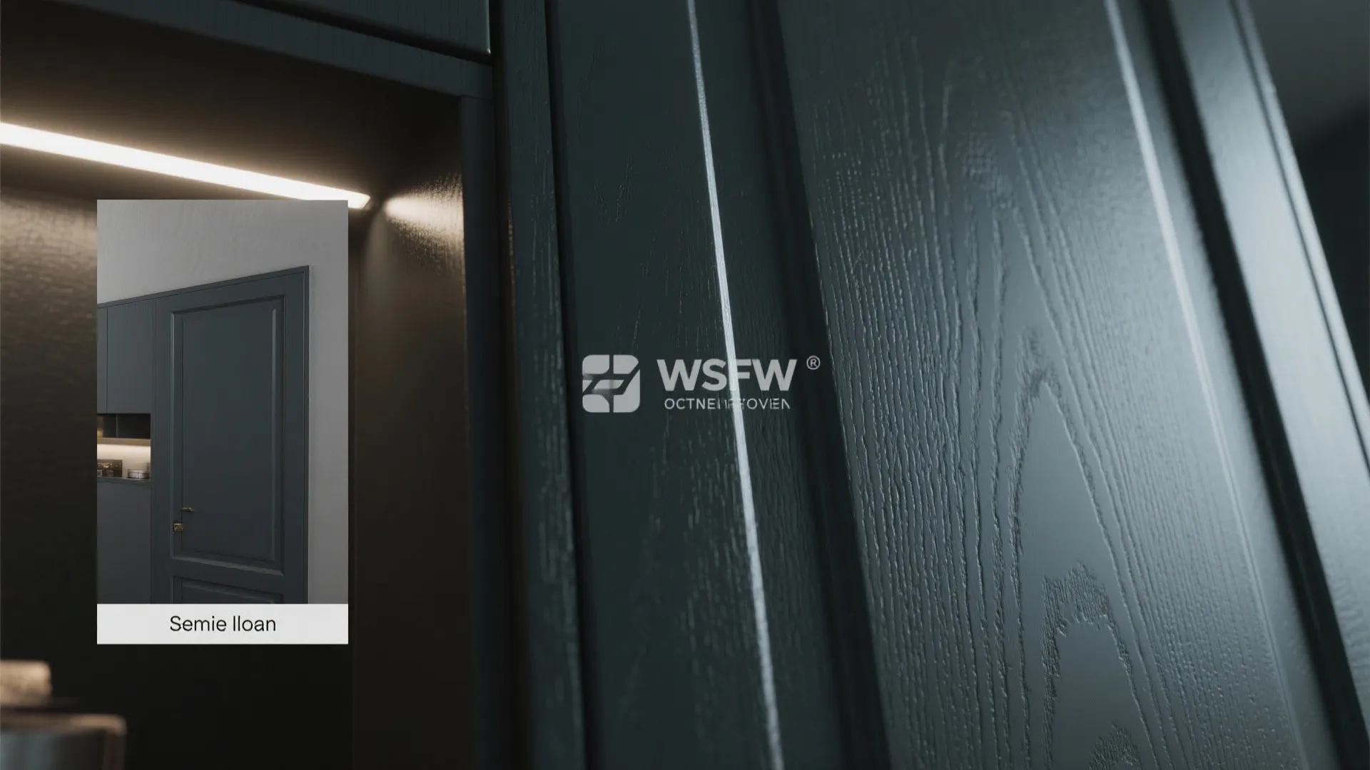 Close up view of dark grey wood grain cabinet texture with integrated light fixture detail