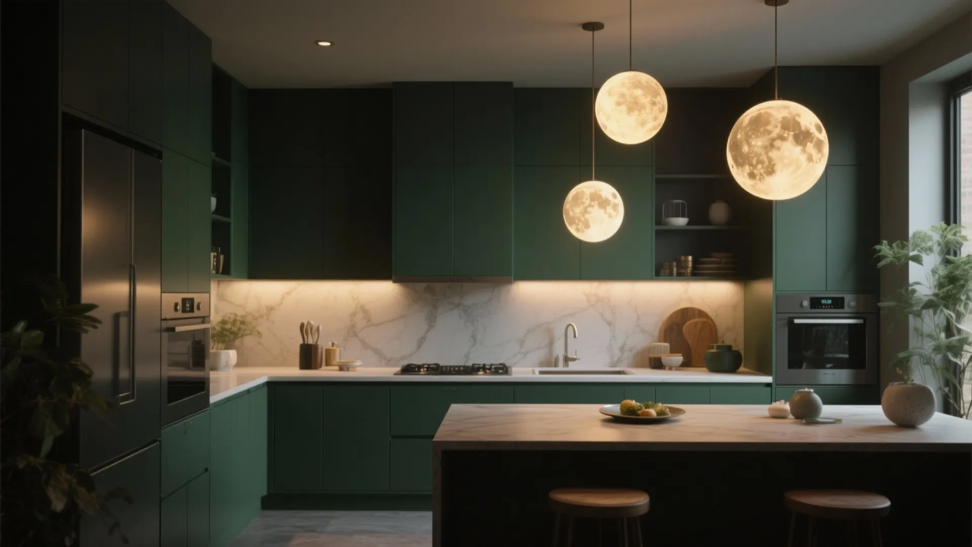Dark green kitchen cabinets with white marble wall and unique round moon shaped hanging ceiling lights