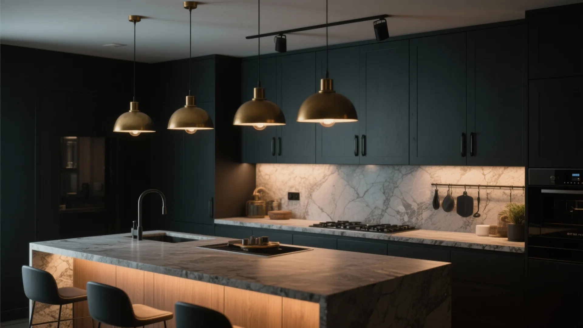 Dark green kitchen cabinets with marble countertop gold ceiling light fixtures and large kitchen island