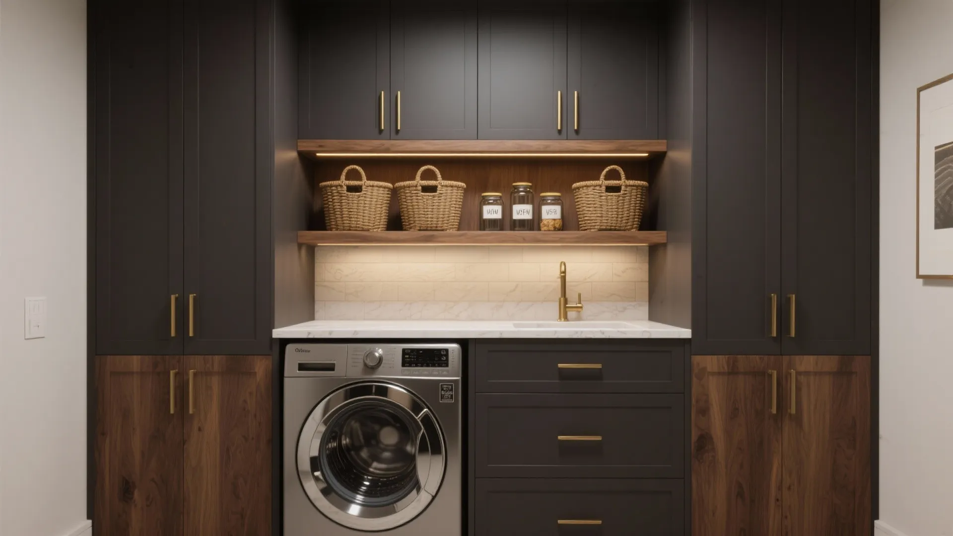 2. Dark Cabinets with Open Shelving