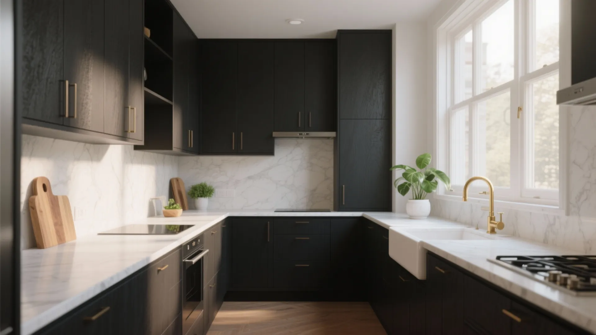 5 Dark Kitchen Cabinet Ideas with White Countertops: Practical small-space kitchen inspirations combining dark cabinetry and crisp white counters