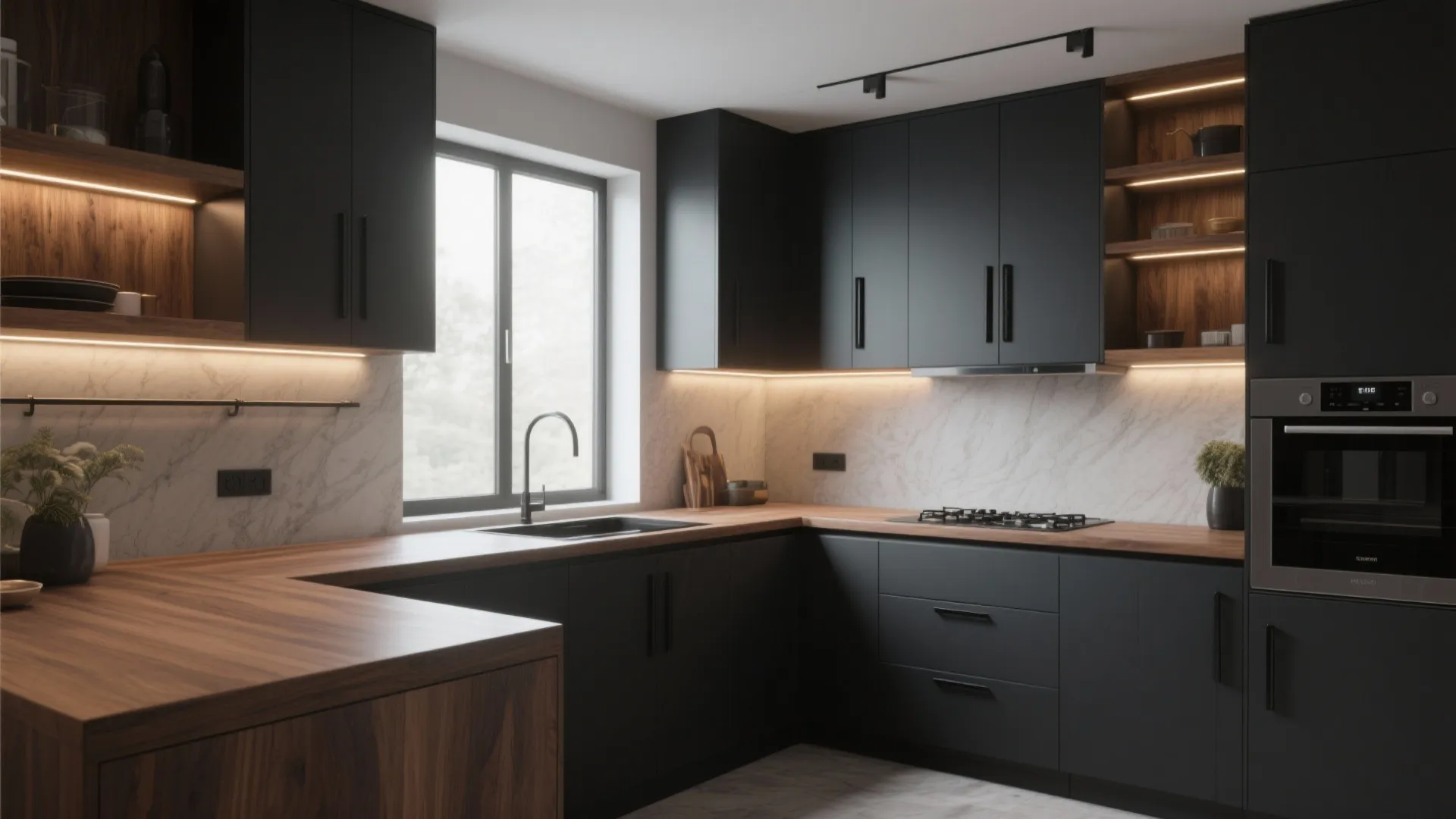 Kitchen with charcoal cabinets, black handles and warm wood countertops with under-cabinet lighting.