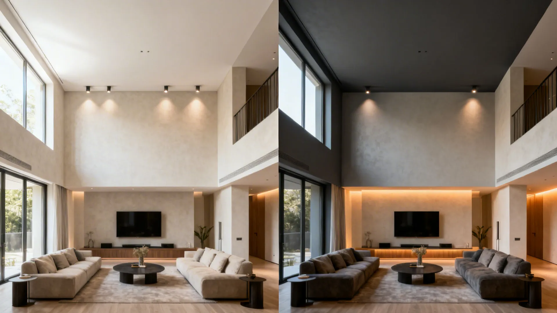 Before–after showing a double-height room with light ceiling versus dark mineral gray cap and wall washers.