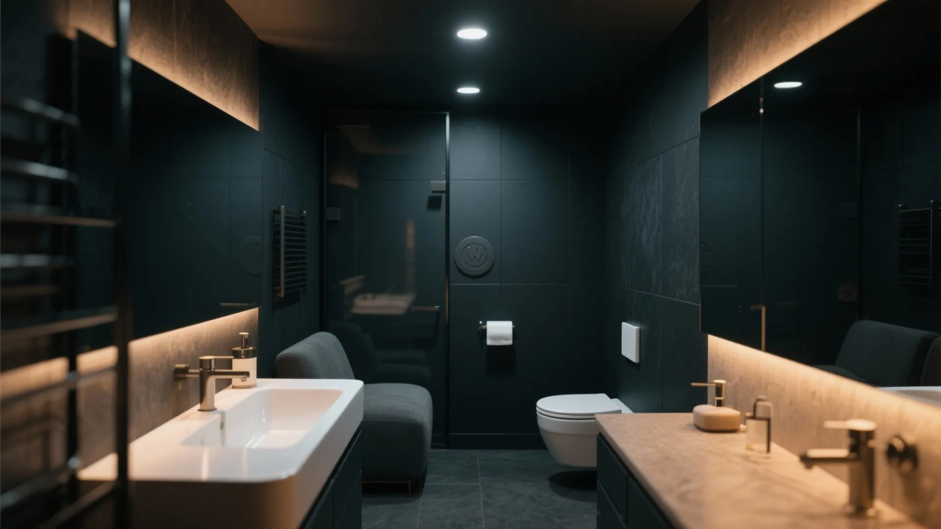 Modern dark bathroom featuring black tiled walls white sink large backlit mirrors and a white toilet