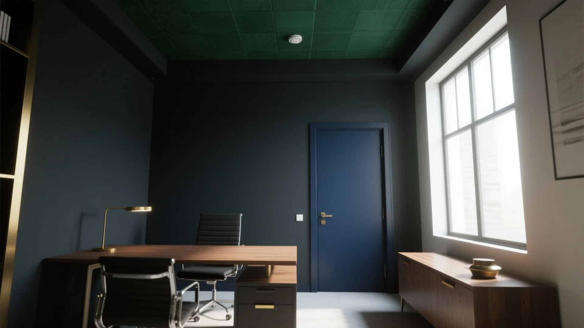 Modern home office with dark walls green ceiling wooden desk black chairs and large side window