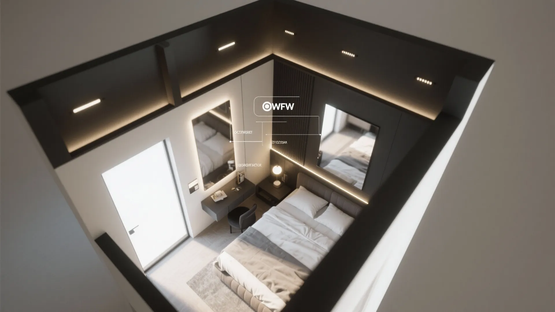 Modern small bedroom interior design drawing with a dark ceiling and warm soft lighting effects