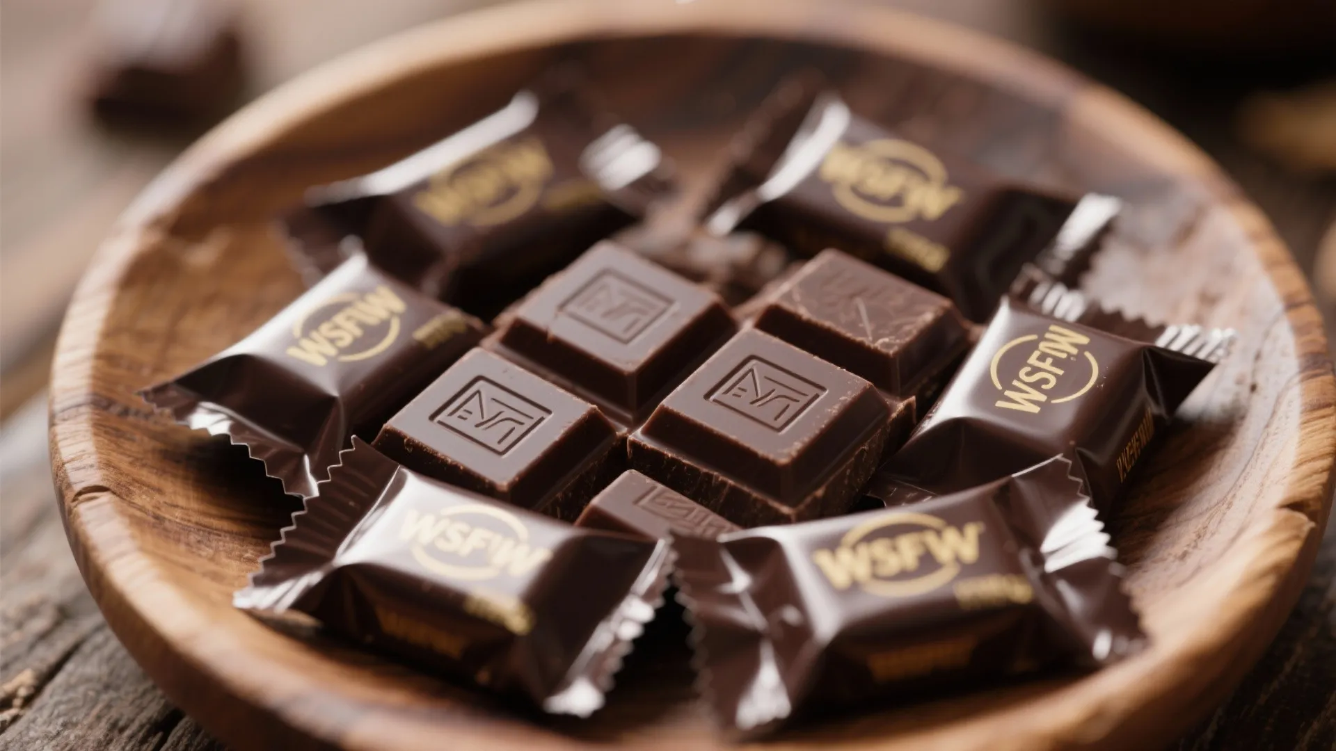 Dark chocolate squares and wrapped candy pieces arranged neatly inside a round wooden snack bowl